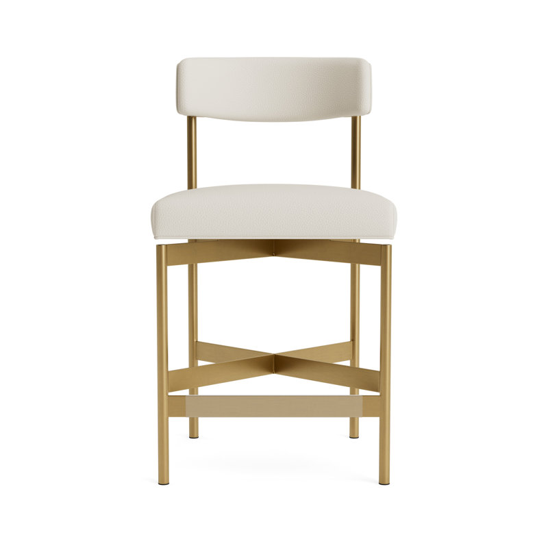 Remy Leather Bar Stool, Counter Stool (25” Seat Height), Greenwich Performance Leather - Cream, Brushed Brass