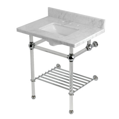 Évier console KVPB30MASQB8 en laiton Kingston de 30 po avec pieds en acrylique (8 pouces, 3 trous), marbre de Carrare / nickel brossé Kingston