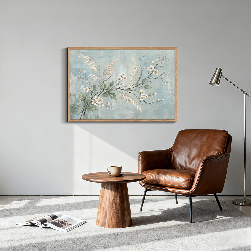 Art mural sur toile, branches de fleurs blanches et feuilles vertes sur fond bleu, H 32 po x l 48 po