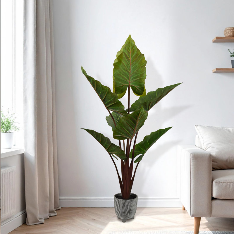 Arbre de taro artificiel réaliste en pot de ciment artificiel pour la maison ou le bureau - H 60 po