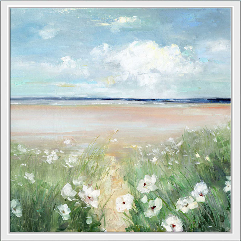«Ocean Wildflowers» par Sally Swatland - Peinture, Cadre flottant blanc, H 21,5 po x l 21,5 po x P 2 po