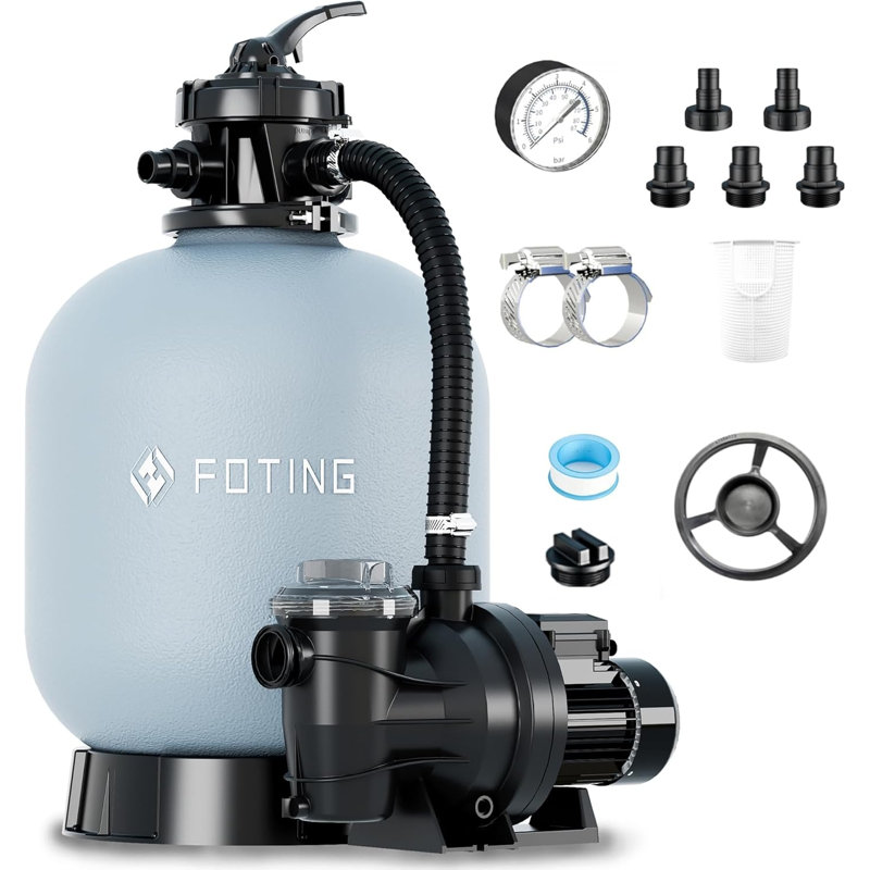 FOTING 2026 Upgraded Sand Filter Pump for Above Ground Pool with Timer, 7-Way Valve Pool Pumps Above Ground, Pool Sand Filter with Enhanced Circulation System, 18in Sand Filter, 1HP 5000GPH