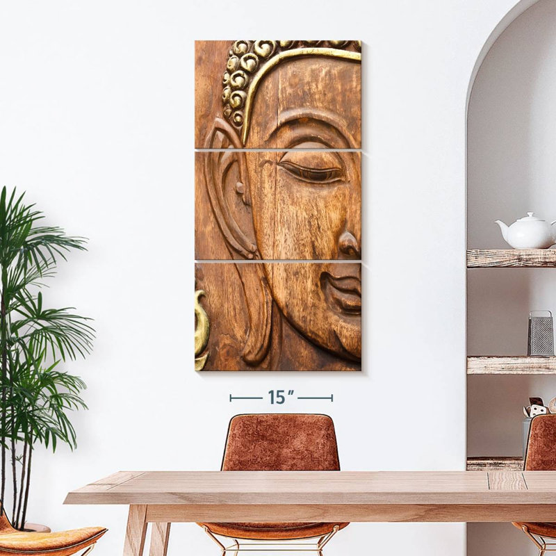 Bouddha en bois sculpté 3 pièces, H 52 po x l 24 po x P 1,25 po