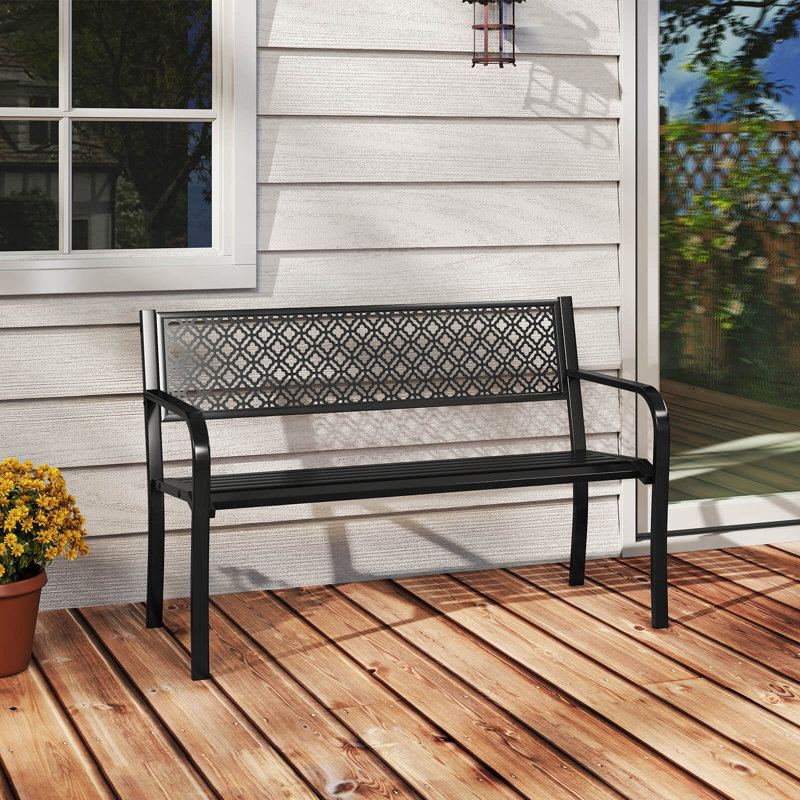 Banc de jardin extérieur 50 po avec accoudoirs à dossier en treillis géométrique et siège à lattes noir
