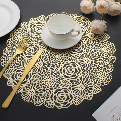 Placemats Set Of 6, Round Placemats For Dining Table Metallic Pressed Vinyl Table Mats Hollow Out Blooming Rose Place Mats(Gold)