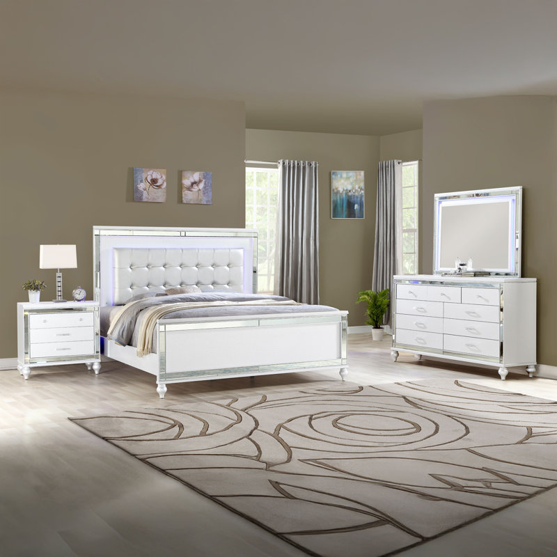 Denard Upholstered Standard 4 Piece Bedroom Set, White, Queen, 4 Pcs: Bed, Nightstand, Dresser, Mirror