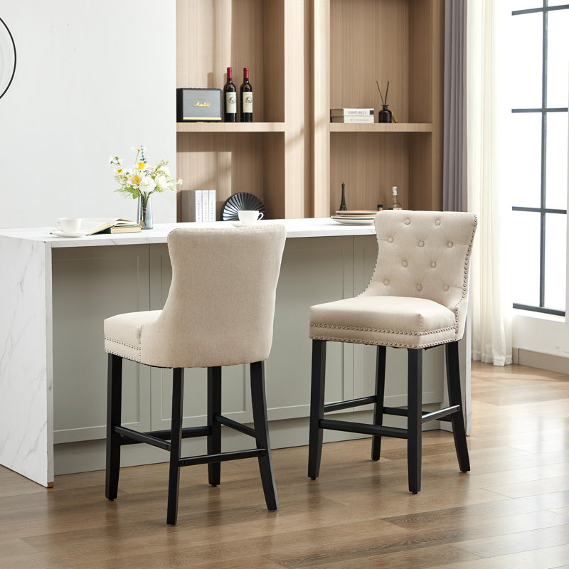 27.5'' Upholstered Bar Counter Stool with Solid Wood Frame(Set of 2), Beige