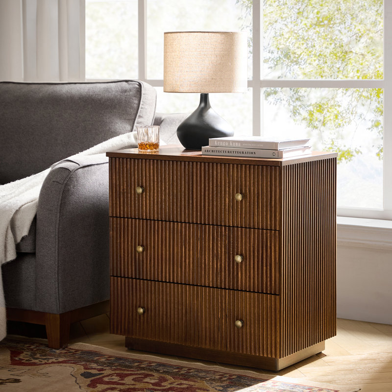 Kaybri 26''W Modern 3-Drawer Fully Assembled Fluted End Table with Solid Wood and Charging Station, Walnut