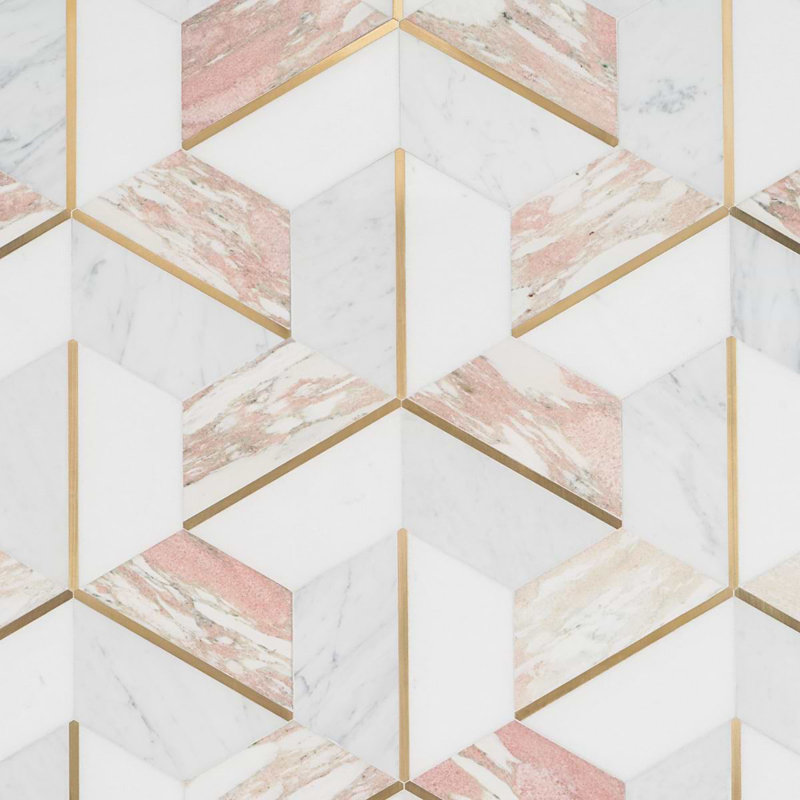 Decade 10x12 Hexagon Polished Marble and Brass Inlay Mosaic Tile