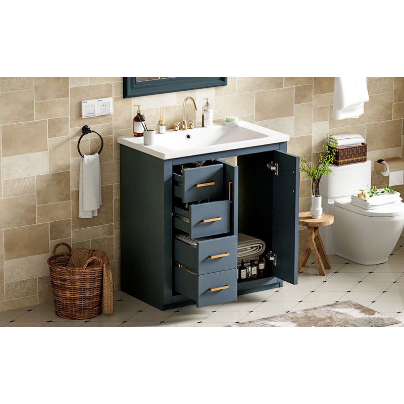 30'' Ceramic Sink Bathroom Vanity - Solid Wood & , Blue Decoration, 3 Drawers Convenient Storage 30" Cabinet With Frame Parts Concealed Space Stylish Furniture