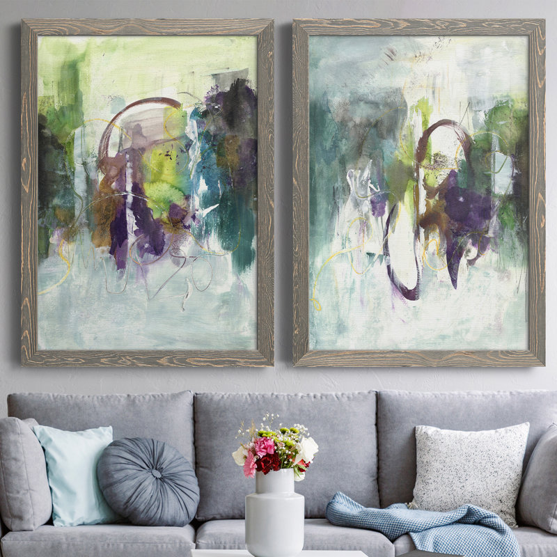 Déplacement sur I - ensemble de 2 peintures sur toile encadrées, H 37,5 po x l 55 po x P 1,5 po, Encadré gris