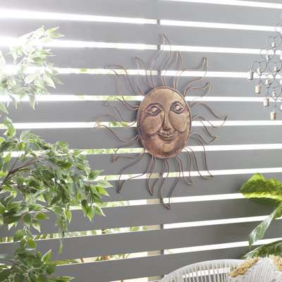 Metal Indoor Outdoor Sun Teal Wall Decor with Wire Frame