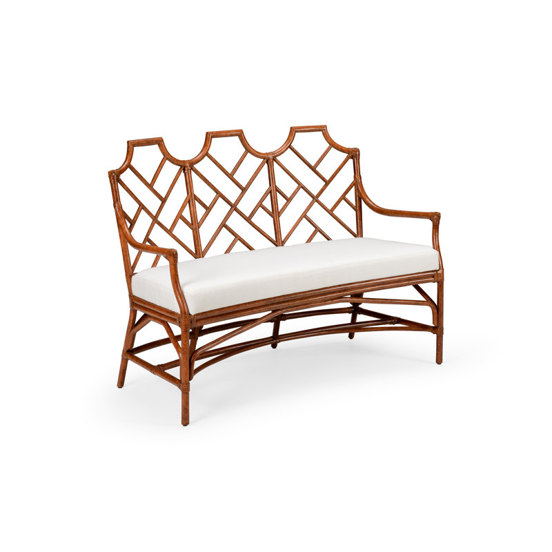 Natural Brown and White Curved Rattan Bench with Upholstered Seat
