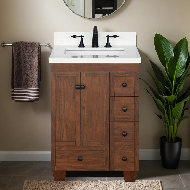  Depos 24 Inch Bathroom Vanity with Sink, Walnut – 100% Premium Solid Wood Vanity Cabinet – 1.5" Thick Quartz Countertop – Water-Resistant Finish – Fully Assembled