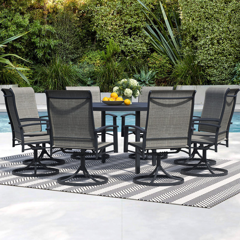 9-Piece Outdoor Dining Set For 8 – 60" Black Round Outdoor Table With Umbrella Hole & 8Patio Swivel Chairs, All-Weather Patio Furniture