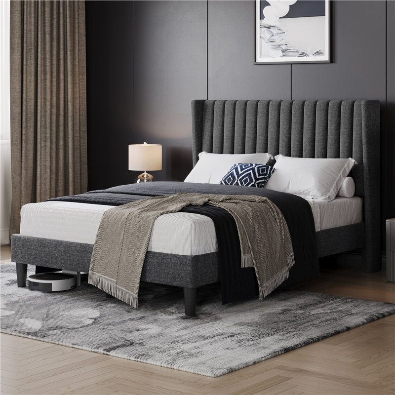 Multi-sized Upholstered Bed Frame with Channel Tufted Headboard, Full, Dark Gray