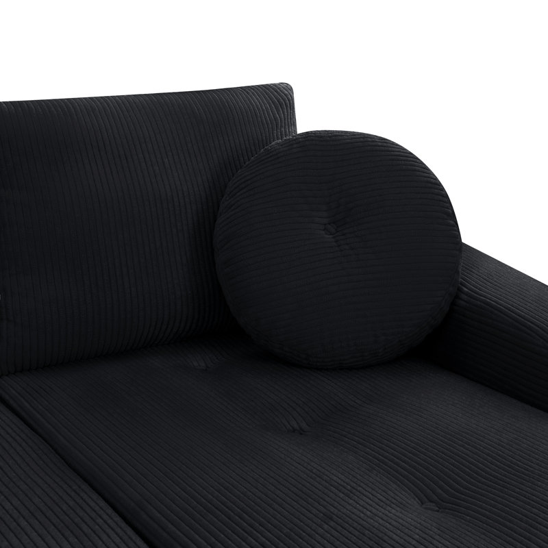 Chaise longue convertible avec accoudoirs larges et coussins décoratifs, Black Corduroy, Black