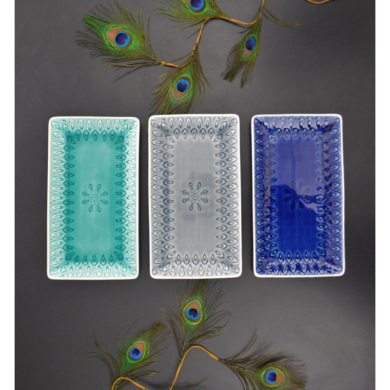 Gray Ceramic Peacock Rectangular Serving Platter