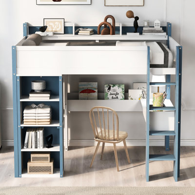 Lit mezzanine en bois blanc + bleu avec garde-robe et unité de rangement - look moderne, espace fonctionnel, étapes d'assemblage faciles, élégant et pratique