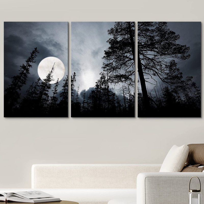Pleine lune dans la forêt - reproduction de photo sur toile tendue 3 pièces, H 24 po x l 48 po x 1,5 po