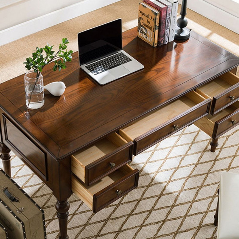Bureau d'écriture rectangulaire en bois massif avec tiroirs Nut-brown, 30.71" H x 55.12" W x 27.56" D, Brun noyer