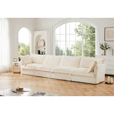 Slipcovered Long Sofa, 4 Seater Sofa With Removable Cover, Extra Deep Couch For Living Room, Corduroy Fabric Cloud Like Comfy Sofa Couch, Cream Corduroy Fabric