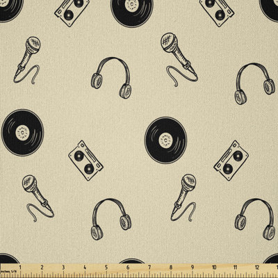 Daiki Retro Records Headphones Microphones Casette Tapes Melody in Sixties Graphic Art Fabric