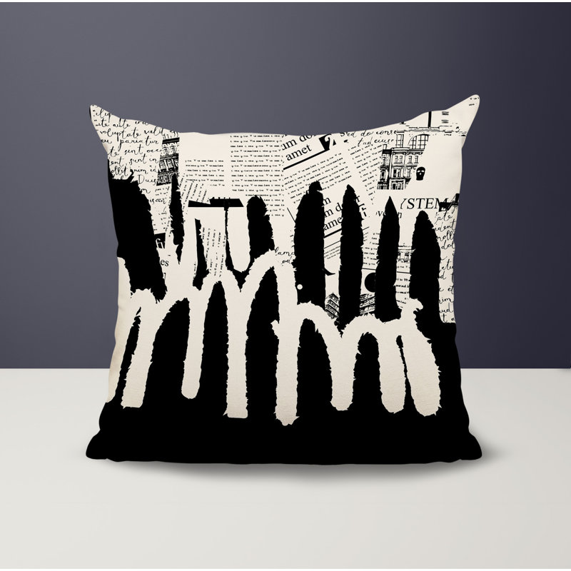 Oreiller carré réversible intérieur / extérieur Kisha, Noir / blanc cassé abstrait, H 17 po x l 17 po