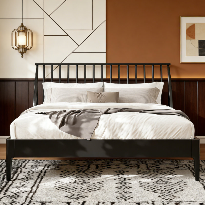 Lit plateforme en bambou massif de style Mid-Century avec tête de lit à broche de 46,5 po de hauteur, lattes en bois et support en métal, aucun sommier requis