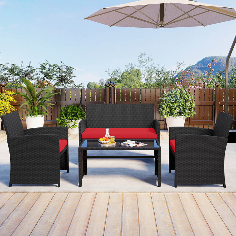Ensemble de conversation pour patio 4 pièces avec coussins de siège et plateau en verre trempé, rouge porche + noir, Rouge