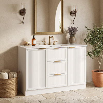 Ensemble meuble-lavabo autoportant de 48 po avec dessus en composite, détails rainurés et tablettes de rangement