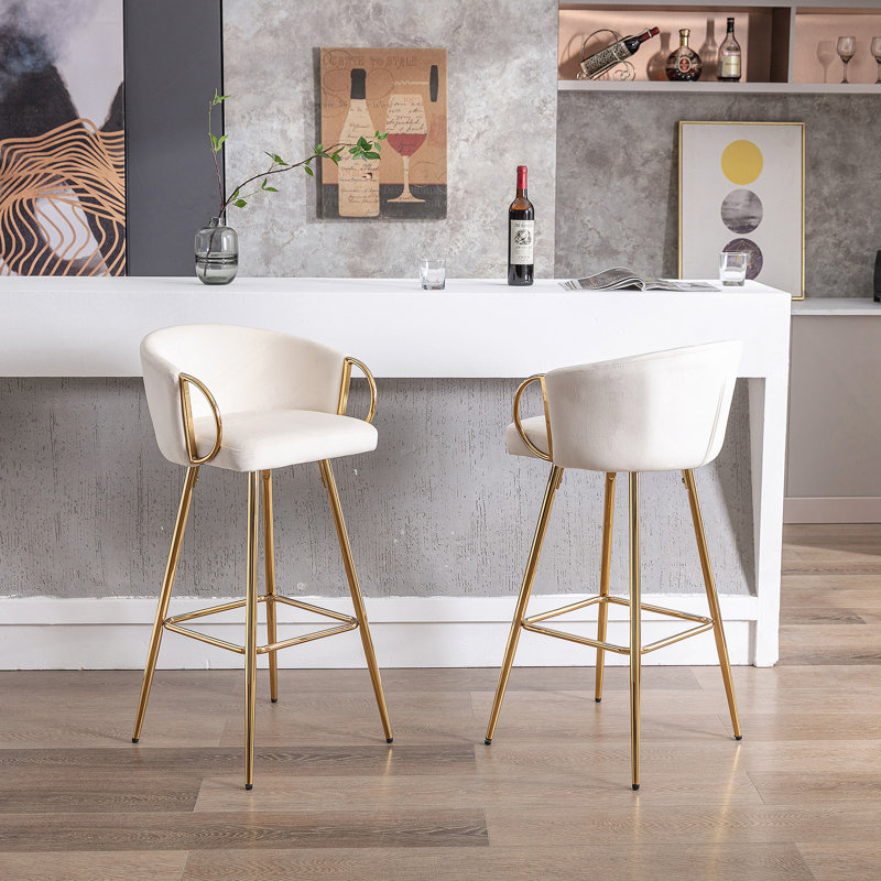 2 Stools, Footrest, Velvet + Golden Leg, Modern Seating Touch 2, Leg With Cozy, Green, Bar Stool (30” Seat Height)