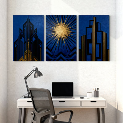 Abstrait art déco soleil urbain, ensemble de 3 impressions sur toile