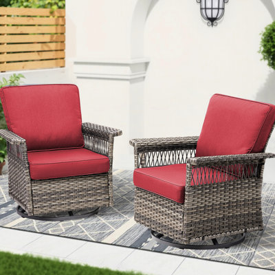 2 chaises de patio, chaise berçante pivotante, gris / rouge, accoudoirs de 5 pouces, coussin épais - durabilité à long terme, rotation à 360 degrés, disposition des sièges confortables pour un espace de détente