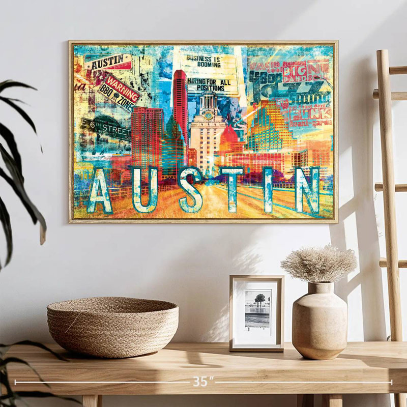 Road to Austin City Grunge, Cadre flottant en bois naturel, 25 po x 17 po