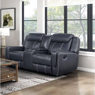 Causeuse inclinable moderne double bleue avec console centrale, revêtement en similicuir respirant, ports USB pour salon 1 pièce