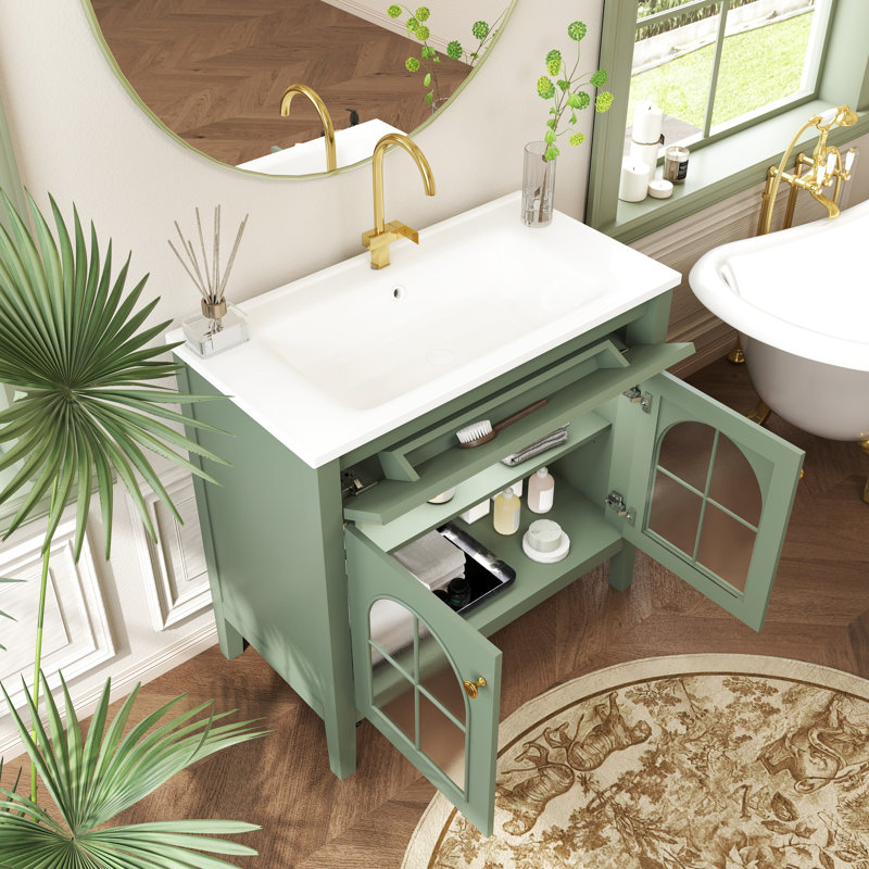 Meuble-lavabo de style milieu du siècle avec verre antique, éclairage automatique à détecteur de mouvement et lavabo facile à nettoyer, construction étanche pour une durabilité accrue.