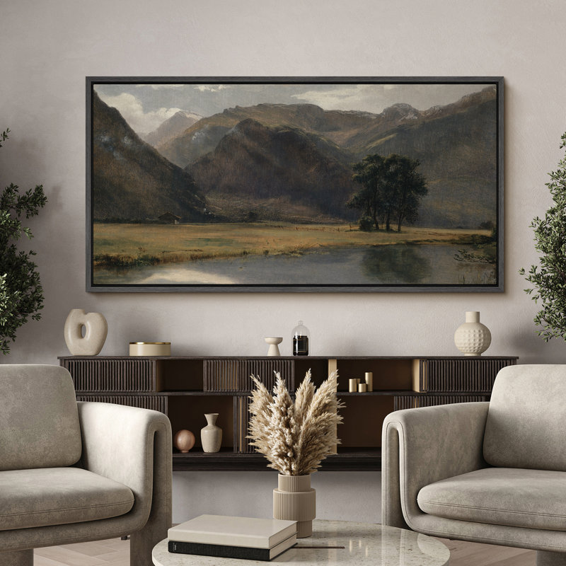 Tranquil Mountain Valley avec rivière, art moderne, H 30 po x l 60 po, Noir, noir, noir, noir