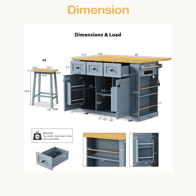 Large Kitchen Island With 2 Bar Stools, Power Outlet,Door Internal Storage Rack, Kitchen Storage Cart On 5 Wheels With Drop Leaf