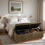 Banc moderne avec repose-pieds rembourré avec compartiment de rangement dissimulé, plateau rabattable et base en bois naturel-838181370-838181373