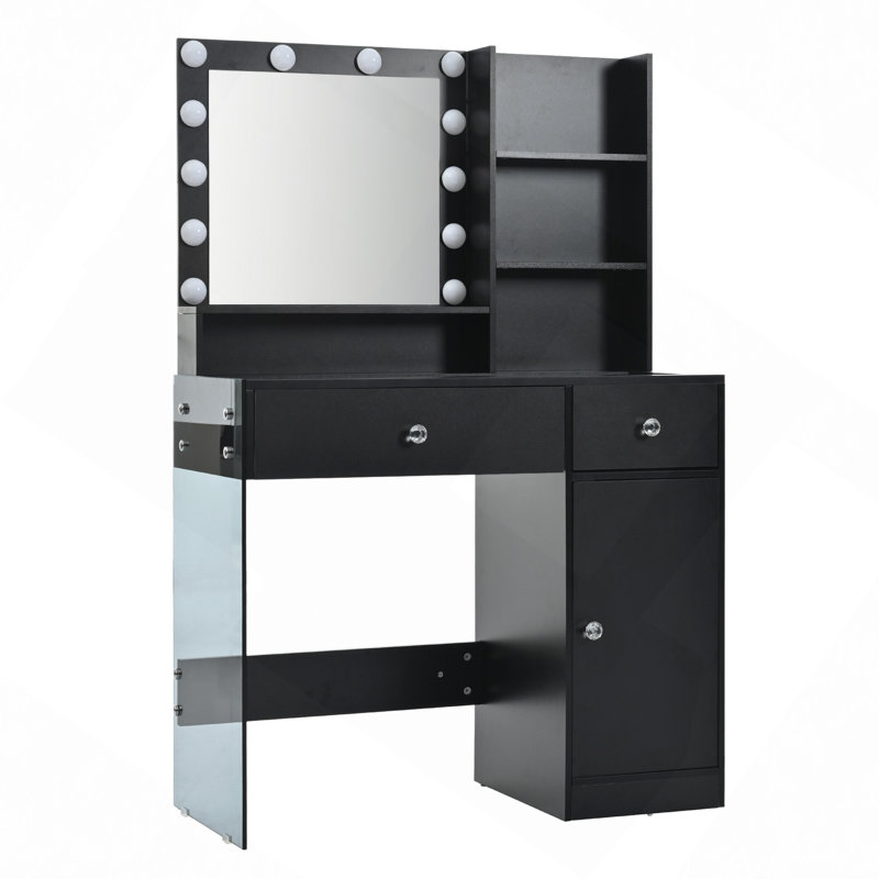 Bureau de coiffeuse avec miroir et 3 modes d'éclairage, coiffeuse de maquillage avec plateau en verre et tablettes de rangement, coiffeuse avec 2 tiroirs et armoire, noir