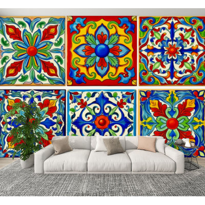 Peel and Stick Wallpaper Mexican talavera ceramic tile Wall Murals 100"H x 144"W Removable PVC Wall Paper Self-Adhesive Wall Decor for Bedroom Living Room Home Office