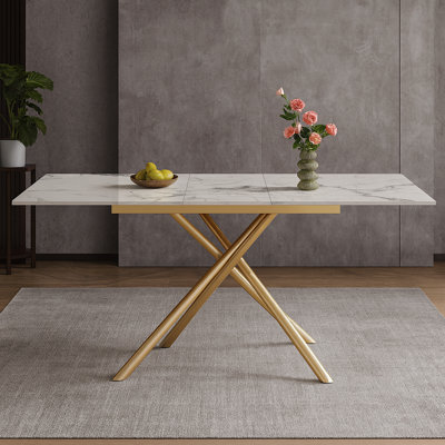 Lifesky Expandable Dining Table: Modern Rectangle Design With Retractable Leaf & Sintered Stone Top - Golden X-base 4-6 Person Table For Apartments Kitchen Dining Room
