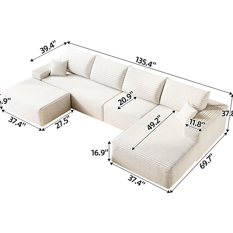 Canapé modulaire en velours côtelé blanc à 5 places de 135 po en forme de U, pour un salon élégant, aucun assemblage requis