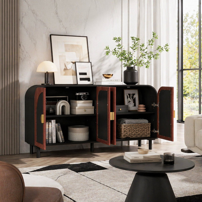 Buffet vintage arqué avec 4 portes, tablettes réglables, poignée demi-lune dorée et pied de support en bois massif