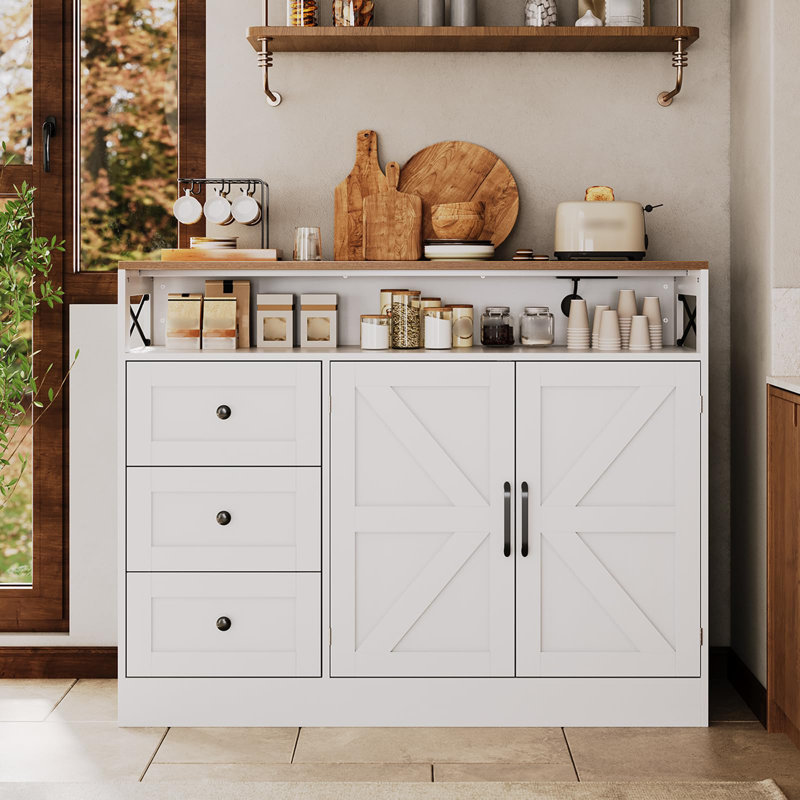 47.2"Buffet Cabinet with Storage,Modern Farmhouse Sideboard Storage Cabinet with Power Outlet,3 Drawers and 2 Barn Doors