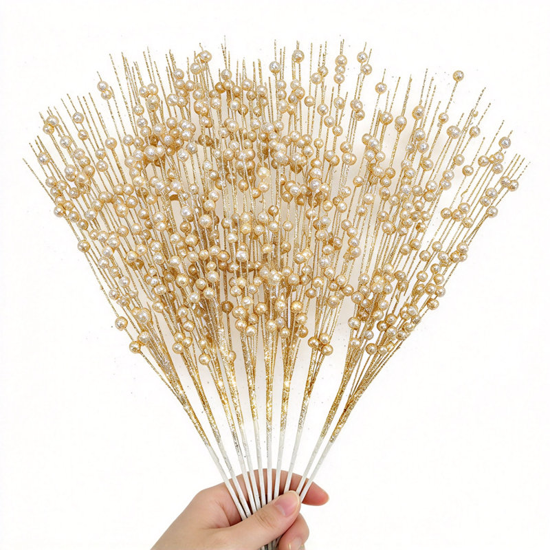 10 pièces de décorations d'arbre de Noël en forme de baies artificielles scintillantes pour vase, 15,7 po, Doré