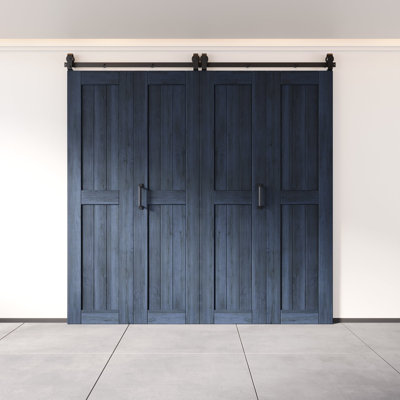 Homacer 84“ High Unassembled & Finished Navy Barn Door, Four 26" x 84" Doors with Bi-Fold Top Mount Hardware Kit