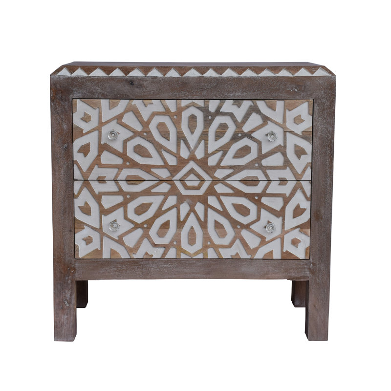 Cassidy Reclaimed Solid Mango Wood Hand Carved Side Table – Mia Collection, Distressed White Finish 