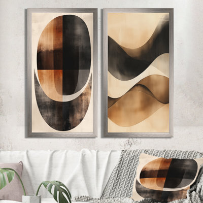 Art mural abstrait brun 2 pièces, courbes minimalistes brunes, toile courbe minimaliste
